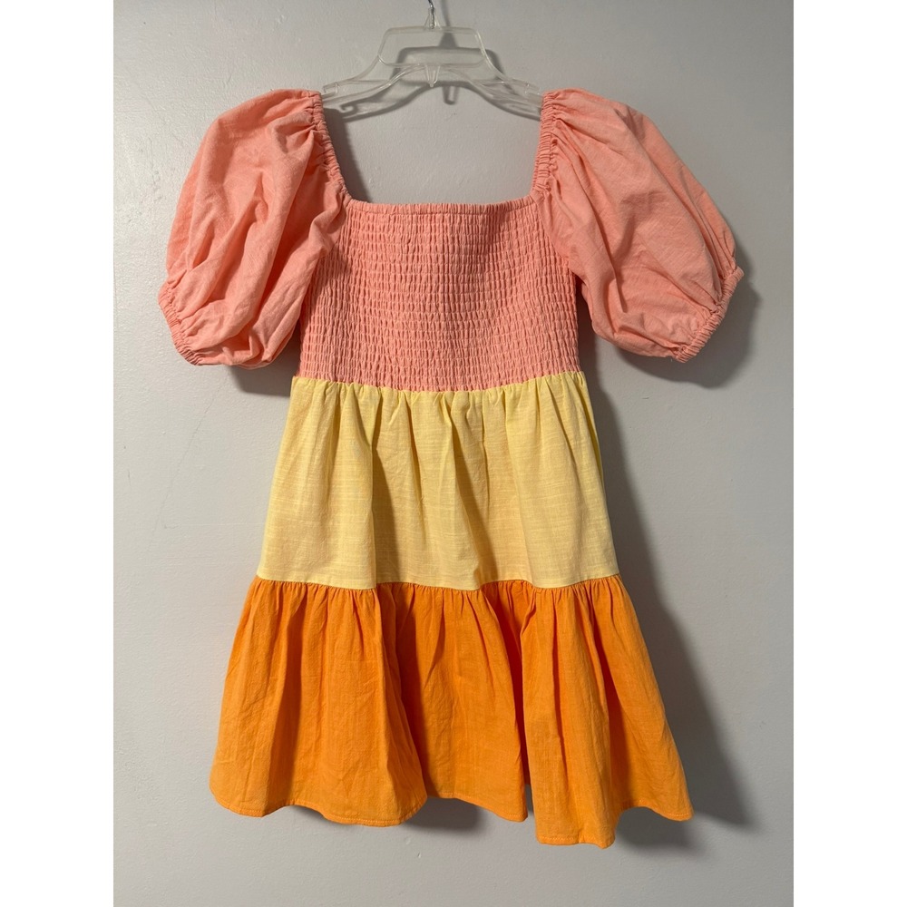 Sabo‎ Audrina Off Shoulder Dress Peach Yellow Orange Colorblock Smocked S NWT
